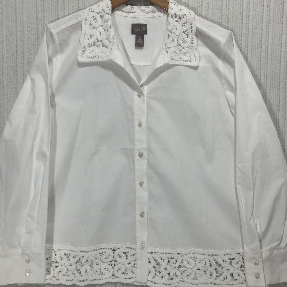 Chico's White Crochet Lace Trim Button Down Shirt Size 2 Large Long Sleeve Top